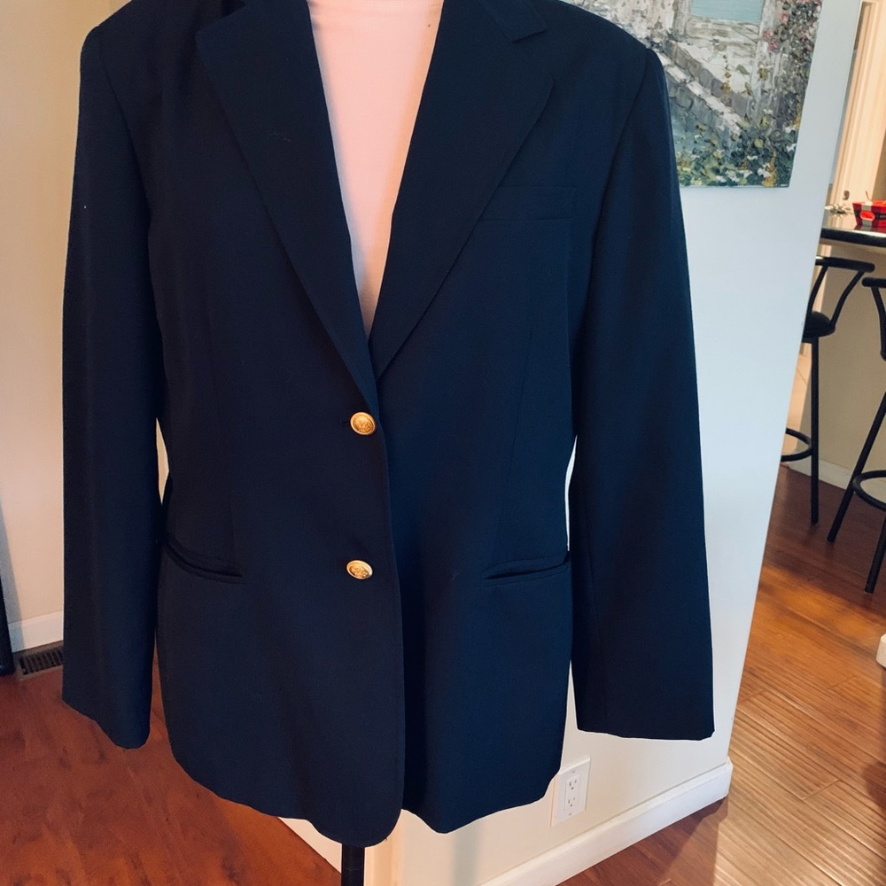 Evan Picone Ladies Navy Blue Blazer with Elegant Gold Buttons, Size 16